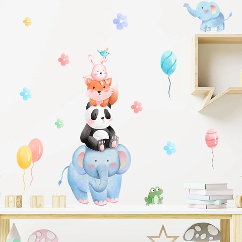Watercolor Cartoon Animal Wall Stickers Elephant Panda Fox Balloon Removable PVC Waterproof Wall Decal For Kids Nursery Room