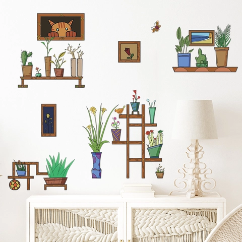 Vintage Topfpflanzen Blumen Katze Vogel Wandtattoo PVC Selbstklebend Dekorative Wandaufkleber Für Schlafzimmer Wohnzimmer