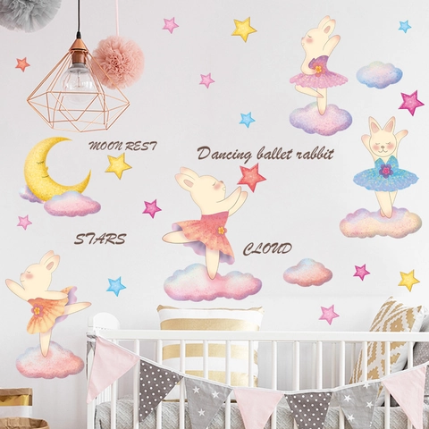 Dancing Ballet Rabbit Wall Sticker Watercolor Moon Stars Clouds PVC Decal For Kids Nursery Room Bedroom Home Decoration