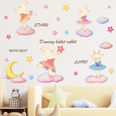 Dancing Ballet Rabbit Wall Sticker Watercolor Moon Stars Clouds PVC Decal For Kids Nursery Room Bedroom Home Decoration