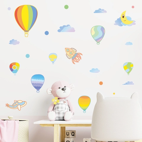 Cartoon Heißluftballon Mond Wolken Flugzeug Wandaufkleber Für Kinderzimmer Kindergarten PVC Wasserdicht Deko Wandtattoos