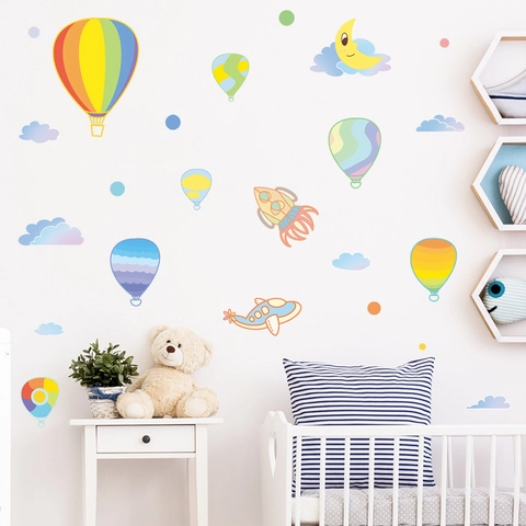 Cartoon Heißluftballon Mond Wolken Flugzeug Wandaufkleber Für Kinderzimmer Kindergarten PVC Wasserdicht Deko Wandtattoos