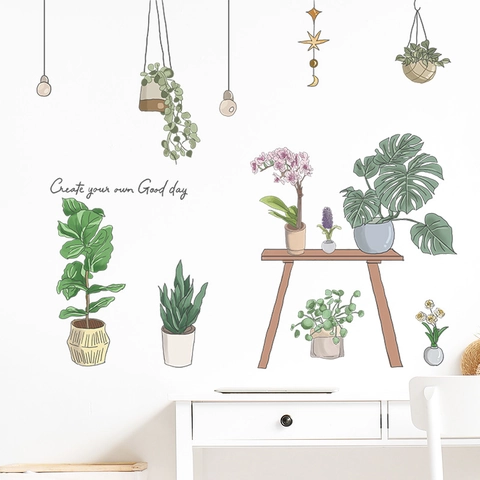 Stickers Muraux Plantes Vertes en Pot Pastorales PVC Auto-adhésif Décoration Nordique pour Salon Chambre à Coucher Peinture Murale