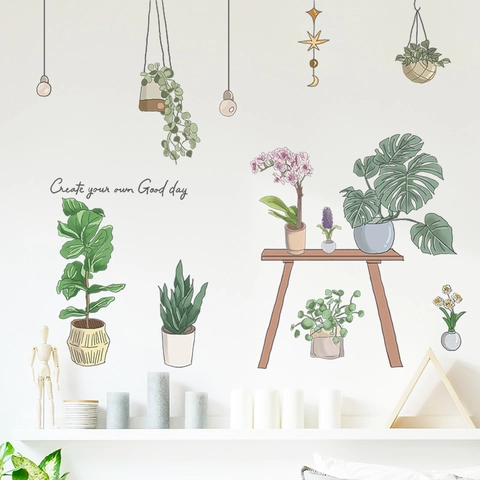 Stickers Muraux Plantes Vertes en Pot Pastorales PVC Auto-adhésif Décoration Nordique pour Salon Chambre à Coucher Peinture Murale