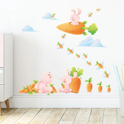 Lindos Adhesivos de Pared de Conejo y Zanahoria de Dibujos Animados de PVC Impermeable Calcomanías Removibles para Decoración Infantil