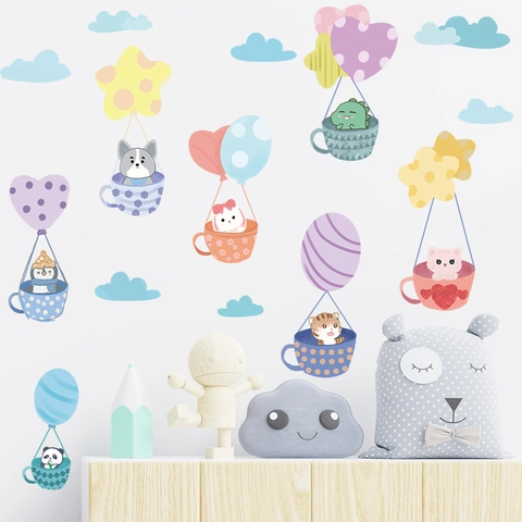 Cartoon Animal Hot Air Balloon Wall Sticker Macaron PVC Self-Adhesive Nursery Decals Panda Corgi Rabbit Heart Stars Cloud Kids Room Wall Decor