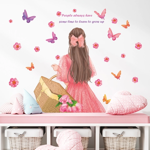Girl Back View Butterfly Flowers Wall Sticker PVC Waterproof Wall Decal Quote People Always Have Some Time For Bedroom Decor
