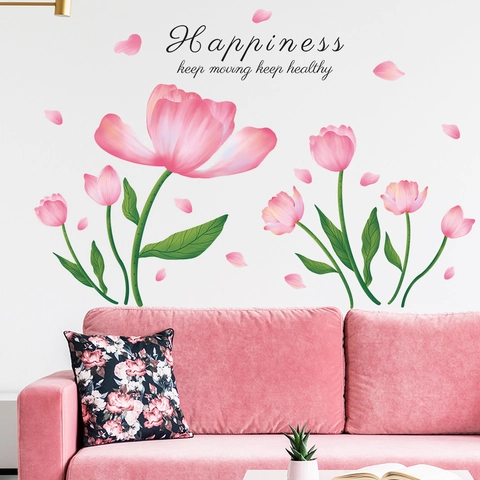 Adhesivo de Pared de Tulipan Rosa Romántico Impermeable de PVC para Dormitorio Sala de Estar Decoración del Hogar Letras Happiness