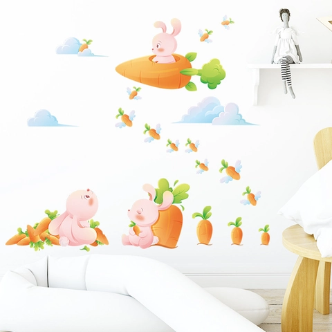 Lindos Adhesivos de Pared de Conejo y Zanahoria de Dibujos Animados de PVC Impermeable Calcomanías Removibles para Decoración Infantil
