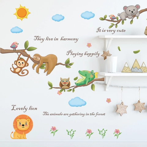 Cartoon Animal Wall Sticker PVC Koala Lion Monkey Sloth Pattern English Quotes Removable Decor For Kids Room Nursery