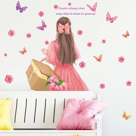 Girl Back View Butterfly Flowers Wall Sticker PVC Waterproof Wall Decal Quote People Always Have Some Time For Bedroom Decor