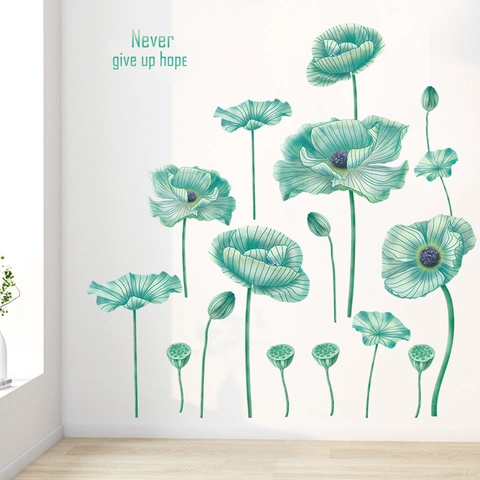 Green Lotus Leaf Flower PVC Wall Sticker Waterproof Self Adhesive Inspirational Quote Decal For Living Room Bedroom Home Decor