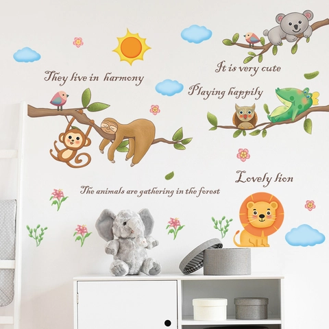 Cartoon Animal Wall Sticker PVC Koala Lion Monkey Sloth Pattern English Quotes Removable Decor For Kids Room Nursery