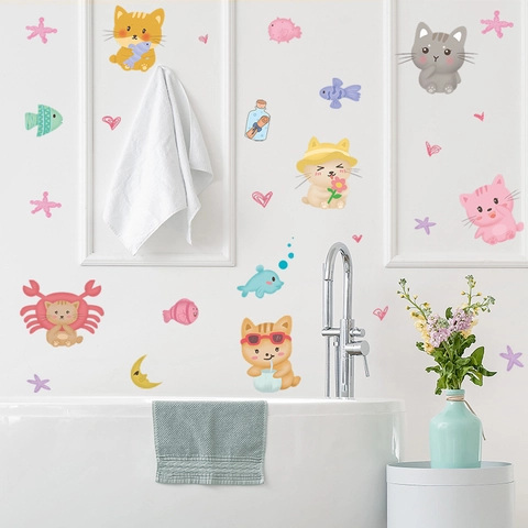 Cartoon Katze Meerestiere DIY Wandtattoo PVC Wasserdicht Selbstklebend Aufkleber Für Kinderzimmer Badezimmer Schlafzimmer Deko