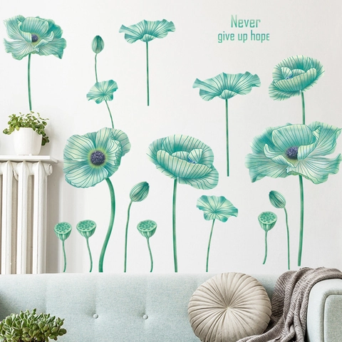 Green Lotus Leaf Flower PVC Wall Sticker Waterproof Self Adhesive Inspirational Quote Decal For Living Room Bedroom Home Decor