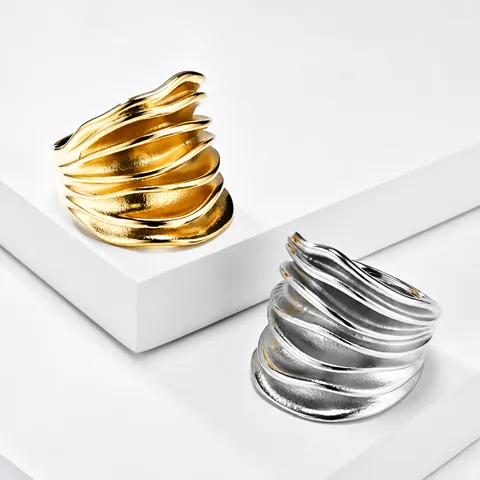 Vintage Stainless Steel Wide Band Ring For Women Crinkled Wavy Texture Polished Liquid Style Artistic Fashion Jewelry
