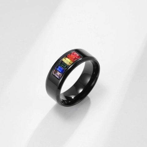 Rainbow Rhinestone Titanium Steel Ring Unisex Pride LGBTQ Minimalist Polished Band Ring Fashion Jewelry Gift