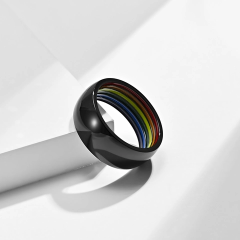 Rainbow Stripe Stainless Steel Ring For Men Women Titanium Steel Pride LGBTQ Polished Band Ring Fashion Jewelry Gift