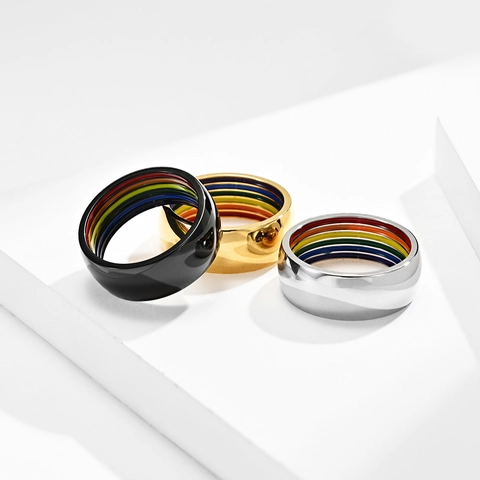 Rainbow Stripe Stainless Steel Ring For Men Women Titanium Steel Pride LGBTQ Polished Band Ring Fashion Jewelry Gift