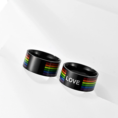Titanium Steel Rainbow Pride Ring Black Polished LOVE Lettering Band Ring Unisex LGBTQ Jewelry Fashion Accessory