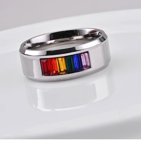 Rainbow Rhinestone Titanium Steel Ring Unisex Pride LGBTQ Minimalist Polished Band Ring Fashion Jewelry Gift