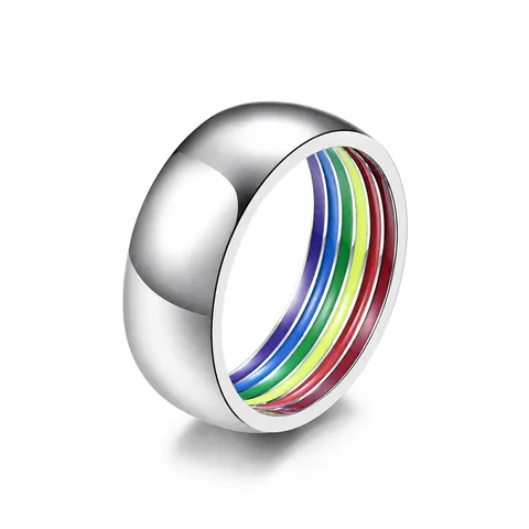 Rainbow Stripe Stainless Steel Ring For Men Women Titanium Steel Pride LGBTQ Polished Band Ring Fashion Jewelry Gift