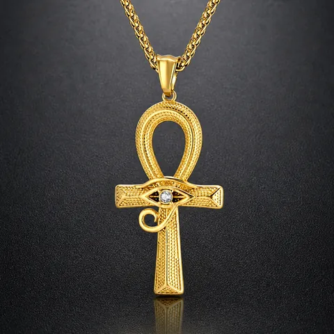 Stainless Steel Ankh Cross Eye Of Horus Pendant Necklace For Men Women Hip Hop Gothic Rhinestone Religious Jewelry