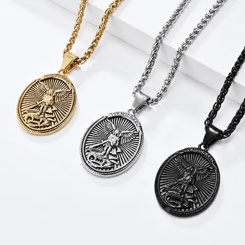 Vintage St Michael Archangel Stainless Steel Necklace For Men Religious Oval Shield Knight Protector Pendant Jewelry