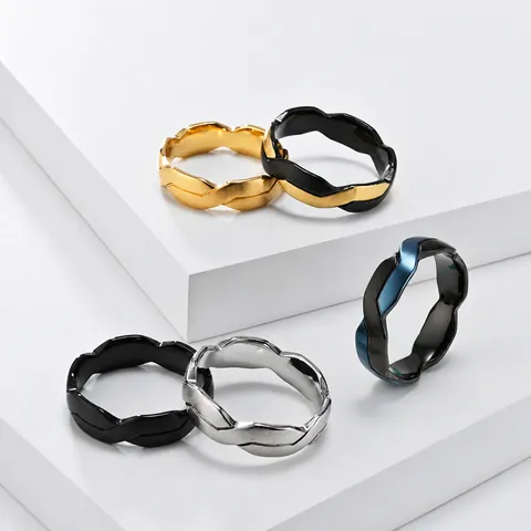 Modern Stainless Steel Woven Wave Ring For Men Women Geometric Two Tone Matte Polished Niche Design Band Ring Jewelry Gift