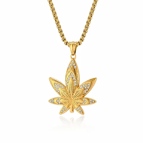 Collana con Pendente Foglia di Acero Hip Hop in Acciaio Inossidabile Placcato Oro Zirconia Gioielli Streetwear Donna Uomo
