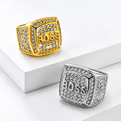 Hip Hop BOSS Buchstabe Edelstahl Ring Für Herren Gold Silber Galvanisiert Iced Out Strass Pave Siegelring Schmuck