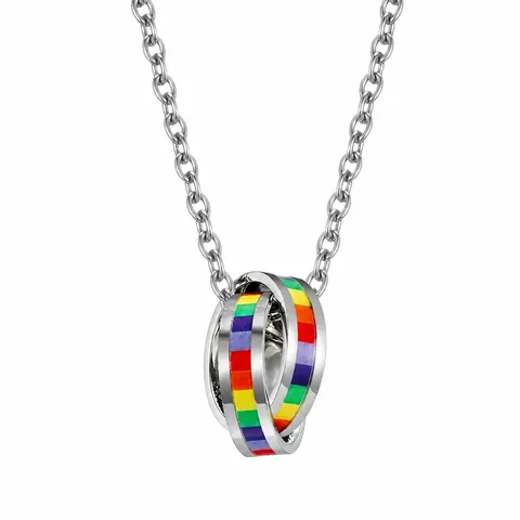 Pride LGBT Rainbow Interlocking Double Ring Pendant Necklace Stainless Steel Titanium Steel Jewelry For Men Women