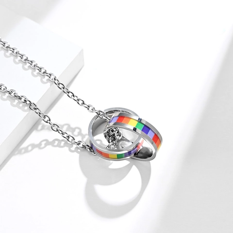 Pride LGBT Rainbow Interlocking Double Ring Pendant Necklace Stainless Steel Titanium Steel Jewelry For Men Women