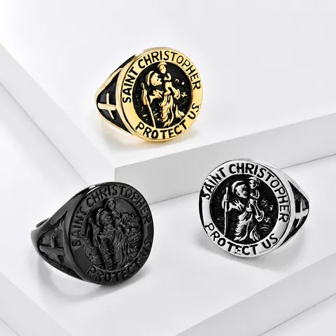 Vintage Saint Christopher Protect Us Stainless Steel Relief Ring For Men Women Religious Cross Motif Jewelry Accessory