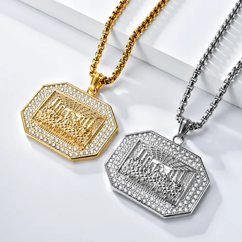 Last Supper Relief Octagonal Pendant Necklace Stainless Steel Hip Hop Rhinestone Border Box Chain Religious Mens Jewelry