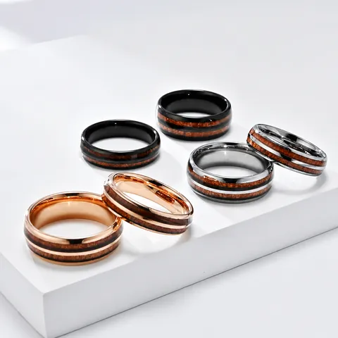 Modern Tungsten Steel Wood Inlay Band Ring For Men Women Polished Double Groove Wood Grain Fashion Comfort Fit Ring Jewelry