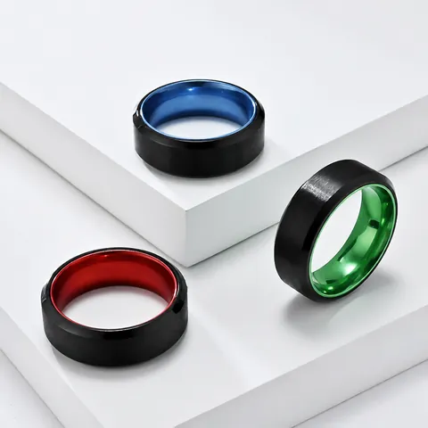 Minimalist Schwarz Gebürstet Edelstahl Ring Für Herren Two Tone Blau Rot Grün Innen Aluminium Eingelegt Geometrisch Fingerring Schmuck