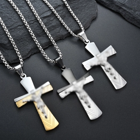 Vintage Stainless Steel Cross Pendant Necklace For Men Religious Jesus Crucifix Pendant Jewelry Gift For Boys Husband