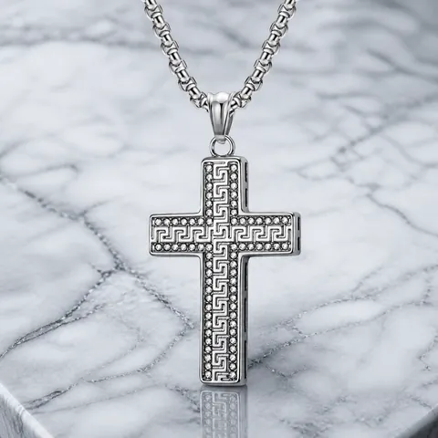 Collana con Pendente a Croce in Acciaio Inossidabile con Greca Hip Hop Strass Intarsiato Oro Nero Argento Regalo di Moda Religiosa