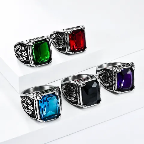 Vintage Edelstahl Tulpe Geschnitzter Ring Für Herren Rechteck Glas Edelstein Eingelegt Retro Punk Gothic Finger Schmuck Ring