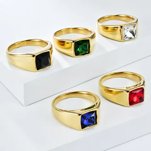 Mode Edelstahl Quadratschnitt Glas Edelstein Siegelring Herren Damen Punk Geometrischer Fingerring Schmuck Geschenk