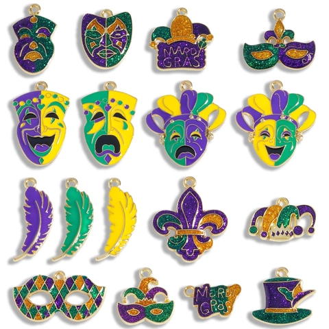 Mixed Alloy Enamel Mardi Gras Pendants Charms With Glitter Jester Hat Mask Fleur De Lis For DIY Jewelry Making Accessories