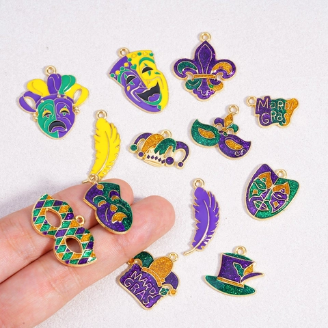 Mixed Alloy Enamel Mardi Gras Pendants Charms With Glitter Jester Hat Mask Fleur De Lis For DIY Jewelry Making Accessories
