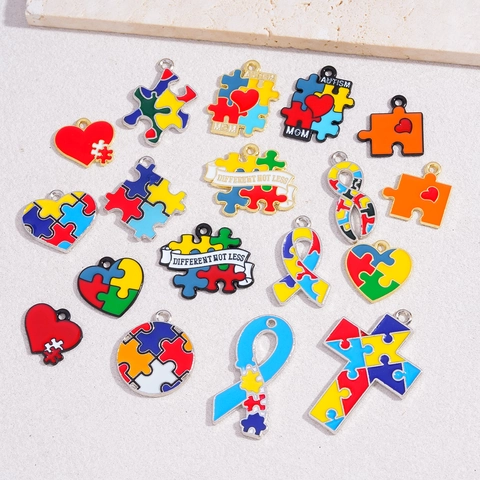 Alloy Enamel Autism Awareness Puzzle Heart Ribbon Pendant For DIY Jewelry Making Charity Commemorative Accessory