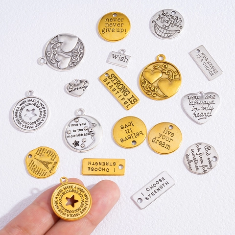Vintage Alloy Inspirational Letter Pendant Charms For DIY Necklace Keychain Engraved Heart Star Moon Round Plate Word Jewelry Findings