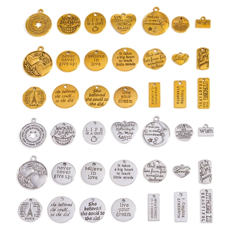 Vintage Alloy Inspirational Letter Pendant Charms For DIY Necklace Keychain Engraved Heart Star Moon Round Plate Word Jewelry Findings