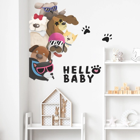 Adesivi Murali con Motivo Cane Cartone Animato Occhiali da Sole PVC Autoadesivi per Cameretta Bambini Asilo Decorazione Casa