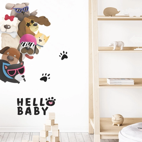 Adesivi Murali con Motivo Cane Cartone Animato Occhiali da Sole PVC Autoadesivi per Cameretta Bambini Asilo Decorazione Casa