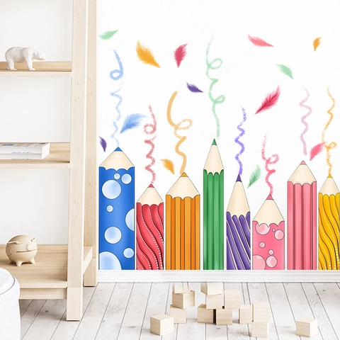 Cartoon Colored Pencil Feather Wall Stickers For Kids Room Kindergarten Classroom PVC Self-Adhesive Removable Wall Decals Home Decor