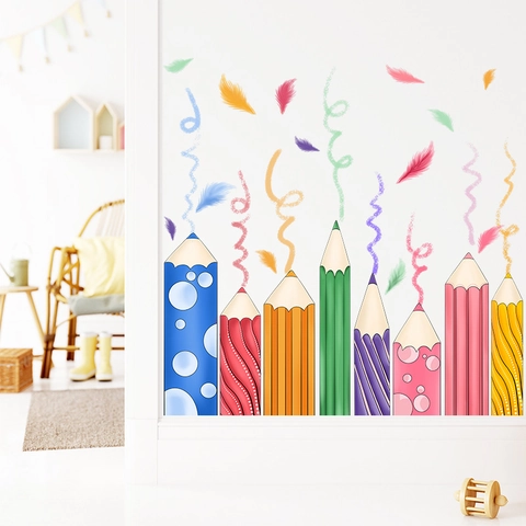Cartoon Colored Pencil Feather Wall Stickers For Kids Room Kindergarten Classroom PVC Self-Adhesive Removable Wall Decals Home Decor